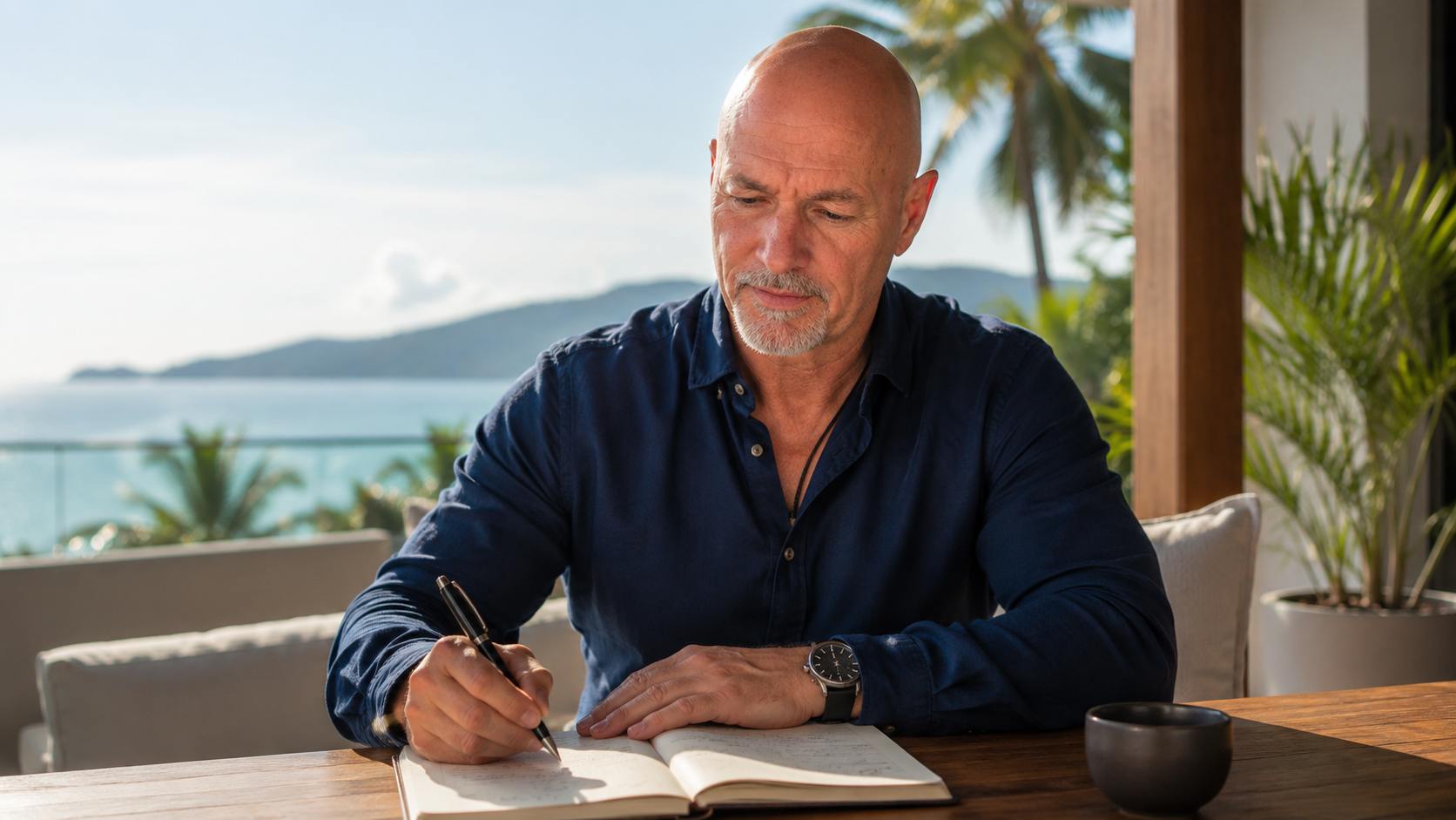 Dirk Bräutigam sitzt konzentriert am Tisch mit Notizbuch