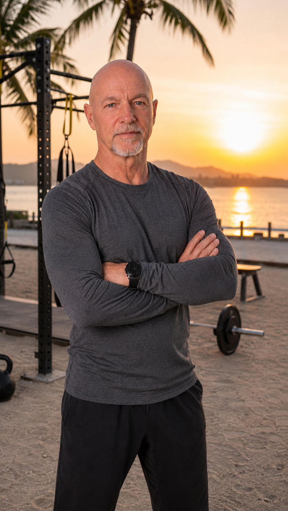 Dirk Bräutigam beim Training am Strand in Thailand bei Sonnenuntergang